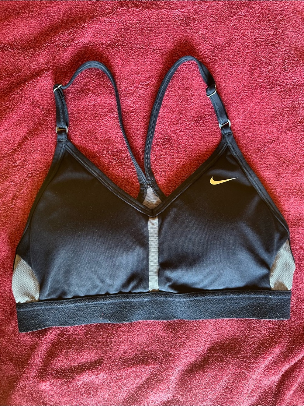 Nike Black Sports Bra with Yellow Swoosh and Gray Accents